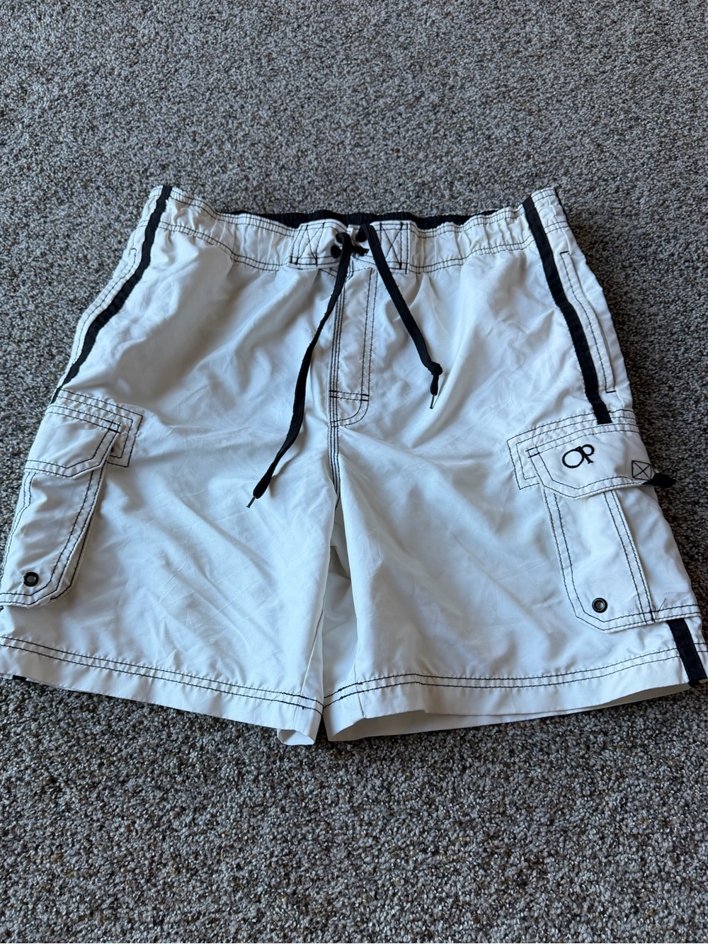 OP Ocean Pacific Men's Cargo Board Shorts White Black Y2K Surf Swim Trunks